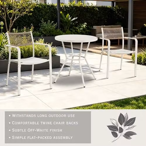 Core Products 3-Piece Bistro Garden Set with Round Metal Table and Two Rope-Effect Armchairs in White and Green – 2