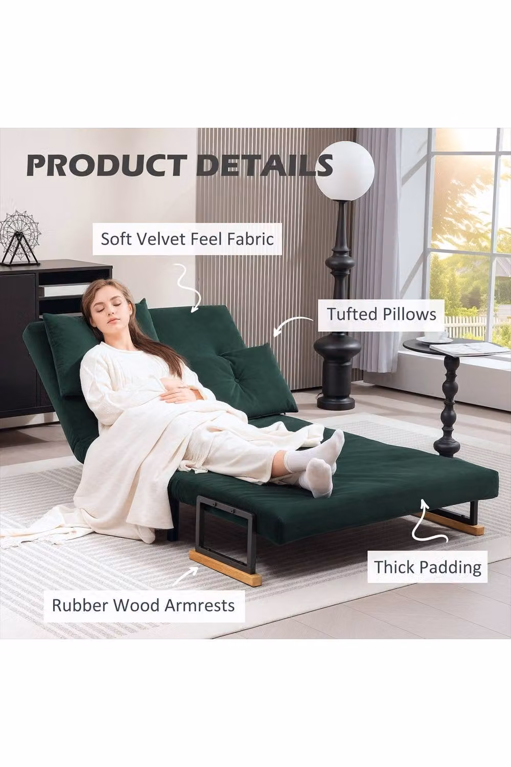 ERGOVEXA 4-in-1 Velvet Click-Clack Double Sofa Bed with Scatter Cushions, Green – 3