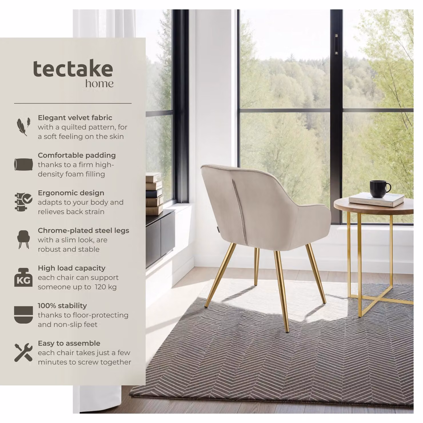 tectake Marilyn Dining Chair Set of 2 in Taupe and Gold Velvet Fabric – 2