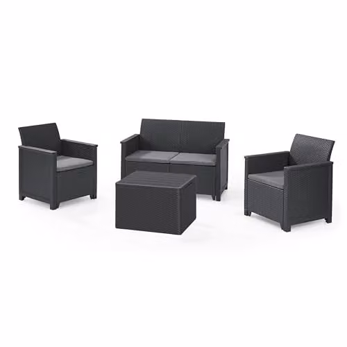 Keter Emma 4 Seater Lounge Set in Grey, featuring a 2-Seater Sofa, 2 Armchairs, a Storage Coffee Table and Cushions, Weatherproof Rattan-Style Wicker Furniture for Garden, Balcony or Terrace – 1