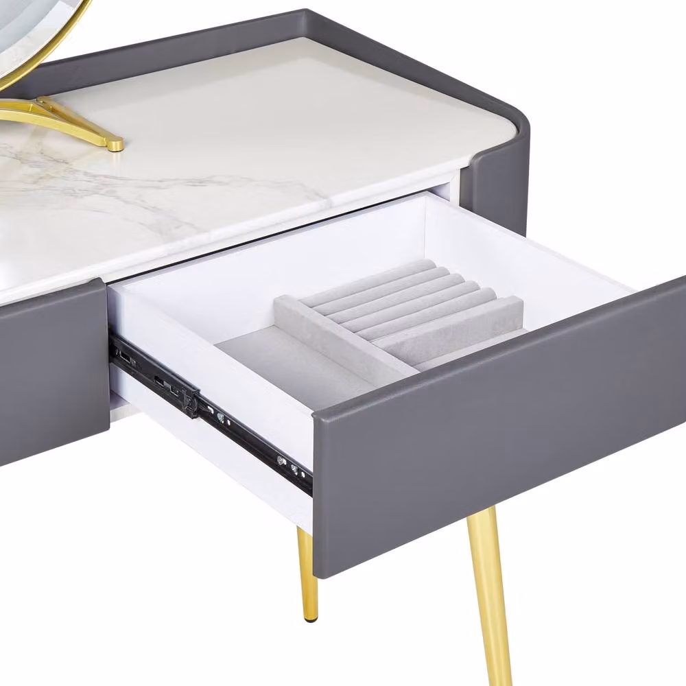 Wyld and Coco Grey and Gold Modern Dressing Table with LED Mirror and 2 Drawers – 3
