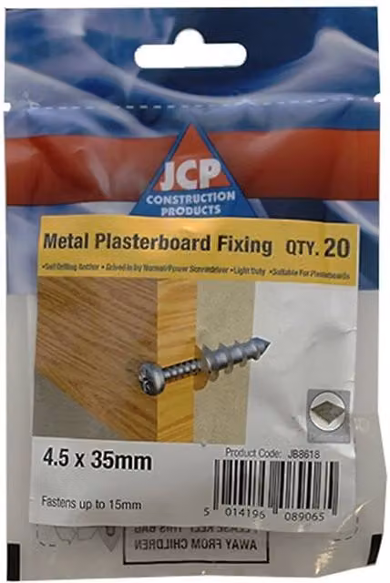 JCP Construction Products J-Plug Silver Self-Drill Plasterboard Cavity Anchor Screws, 4.5 x 35 mm, Pack of 20 – 2