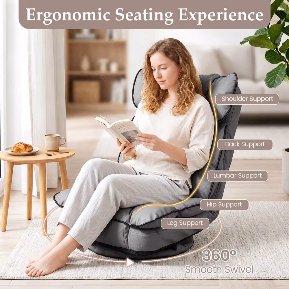 Gymax 360 Degree Swivel Floor Gaming Chair in Grey with Folding Lazy Lounger Design – 7