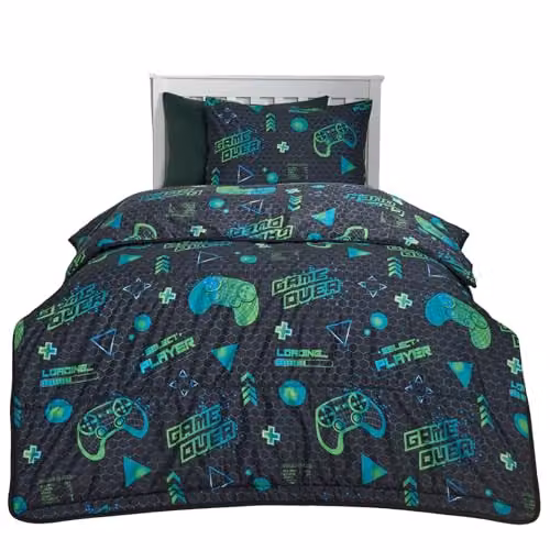 OHS Kids Coverless Gaming Duvet and Pillowcase Set, 10.5 Tog Reversible Hollow Fibre All Season Quilt, Black and Grey, W/D/H: 135 x 200 cm