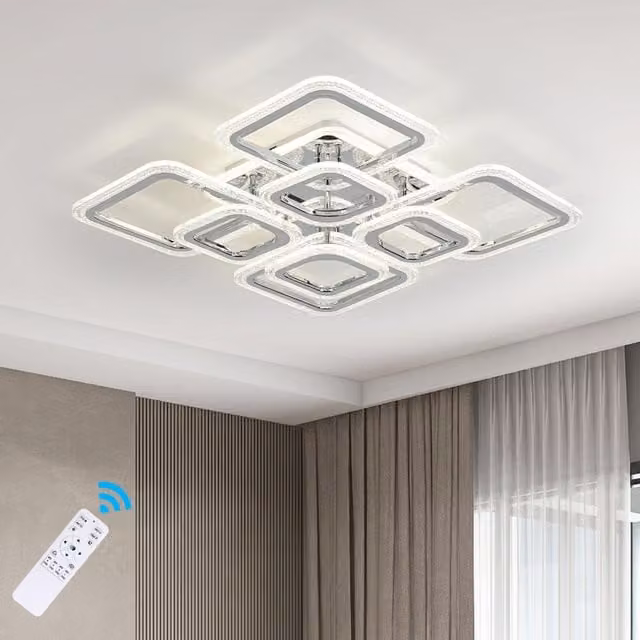 Garwarm Nordic LED Ceiling Light, Silver Acrylic Rectangular Chandelier with Remote Control and Dimmable Function – 1