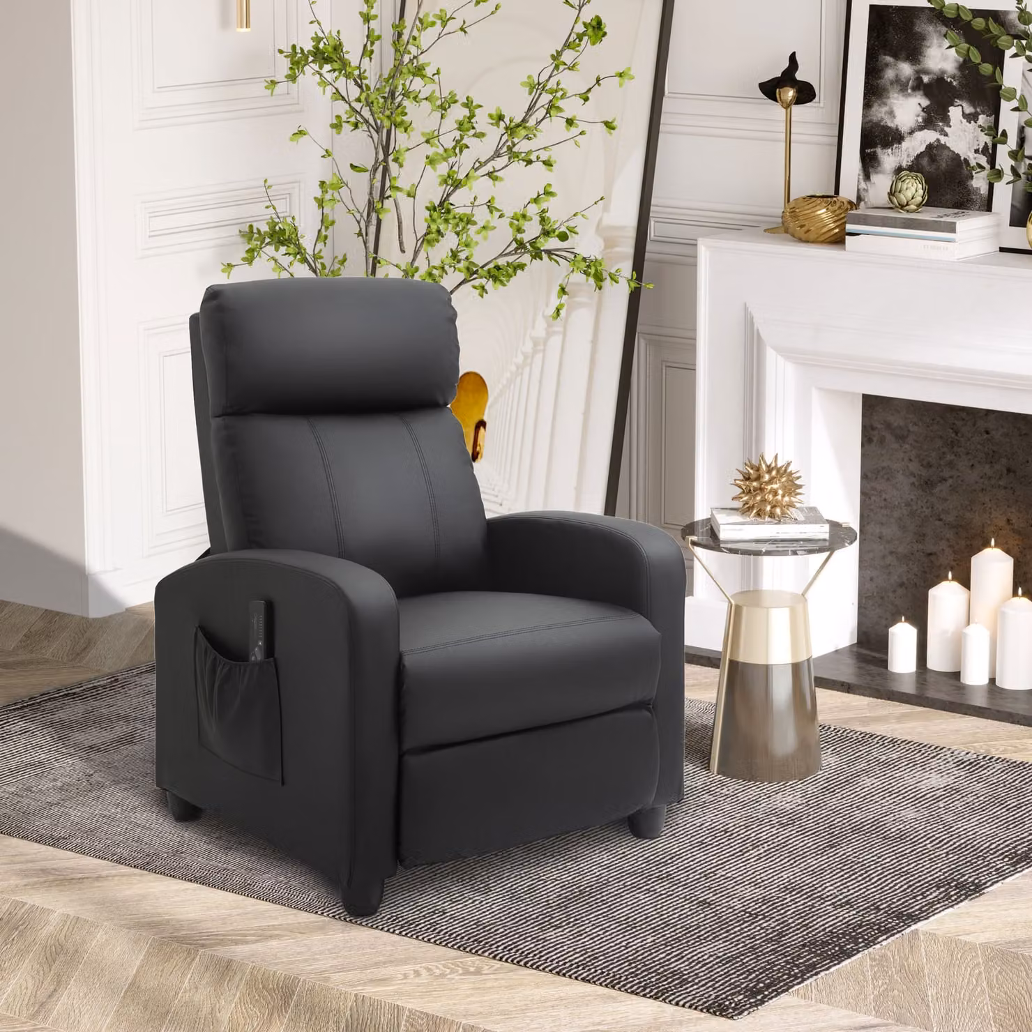 HOMCOM Black Faux Leather Massage Recliner Armchair with 150 Degree Recline and Side Pocket – 2