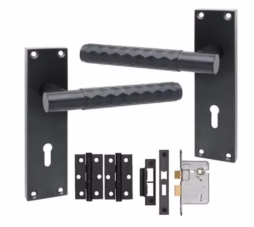 Golden Grace Victorian Knurled Lever Lock Door Handle Set with Rosette in Matt Black Zinc Alloy