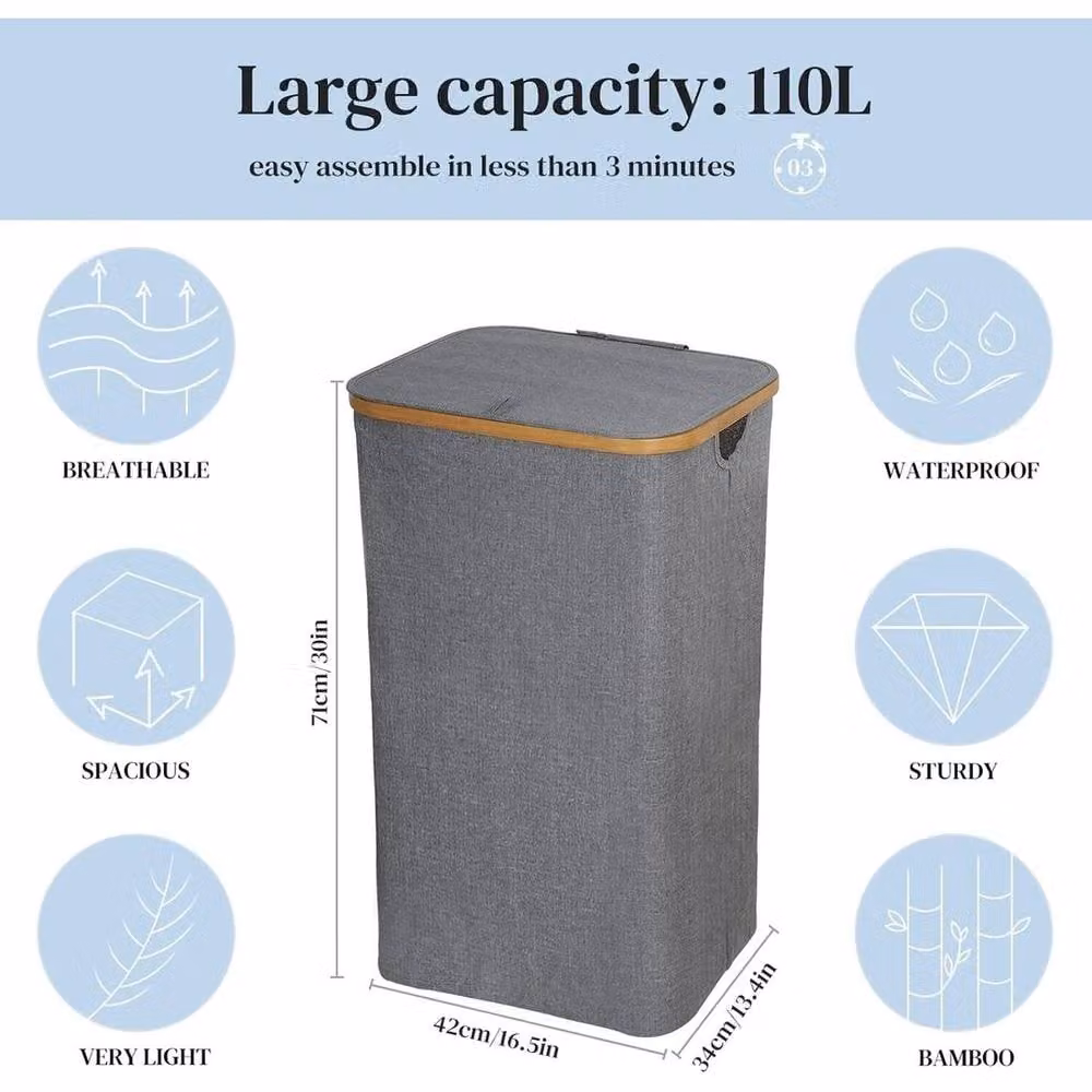 KORVIXA 110L Laundry Hamper with Lid and Handles in Grey – 2