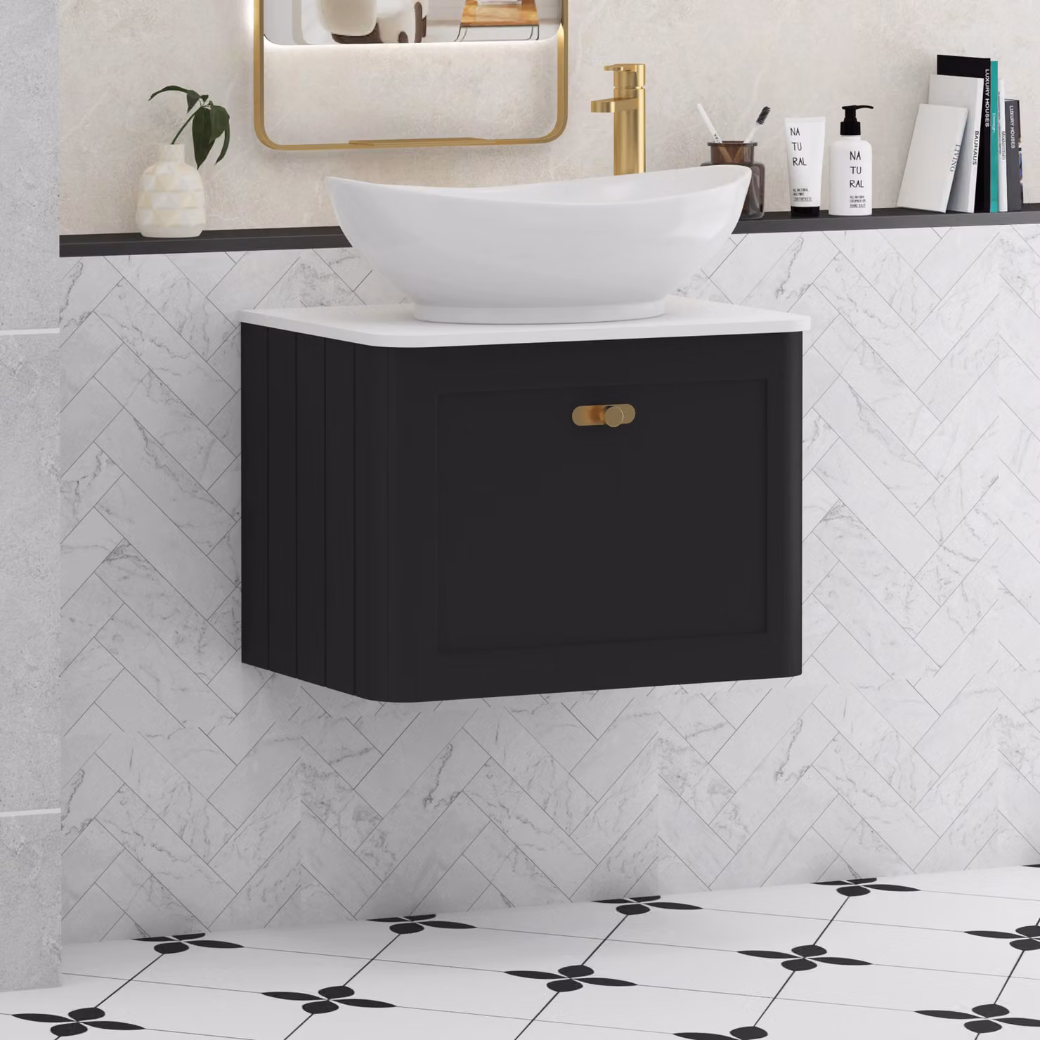 Royal Bathrooms Henley Matt Nocturne Black Wall Hung Vanity Unit with Plain White Worktop and One Drawer
