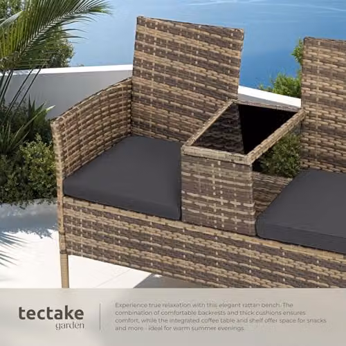 tectake Outdoor Rattan Bench with Integrated Table and Cushions, W/D/H: 133 x 63 x 84 cm, Nature/Grey – 4