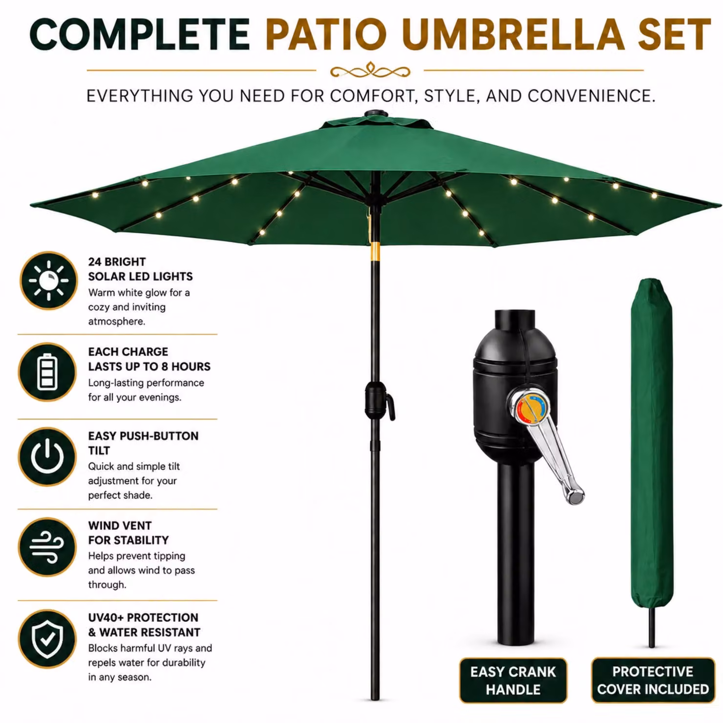 Glamhaus Green Solar Power LED Tilting Garden Umbrella with UPF 50+ Protection, Diameter: 270 cm – 5