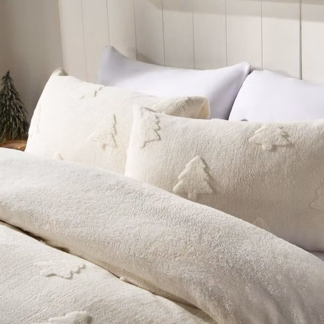 OHS Winter Tree Tufted Teddy Fleece Duvet Cover Set, White, W: 200 cm, D: 220 cm