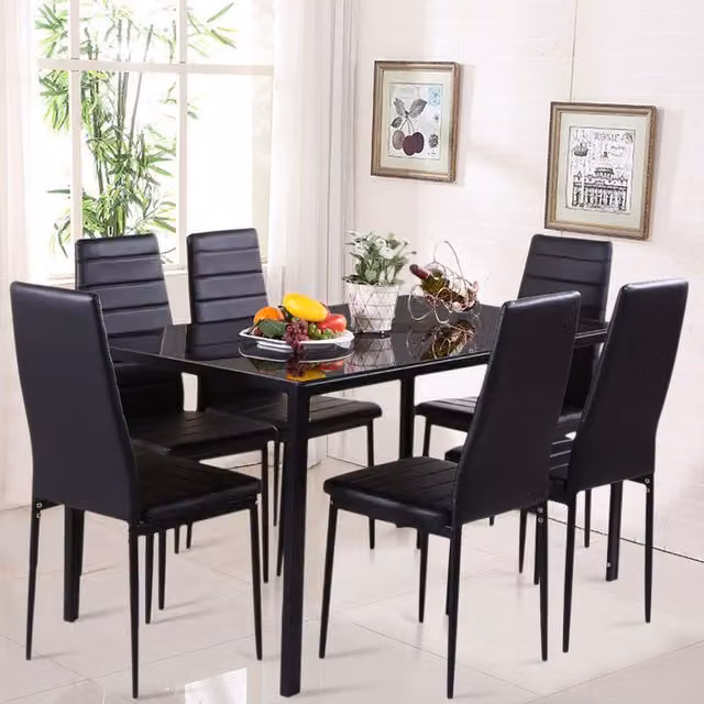 Livingandhome Modern Rectangular Tempered Glass Dining Table and 6 Faux Leather Chairs Set in Black