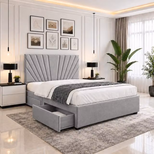 Velmora Luxury Silver Velvet Upholstered Superking Divan Bed with Tall Headboard, Mattress and Drawers, W/D/H: 200 x 200 cm