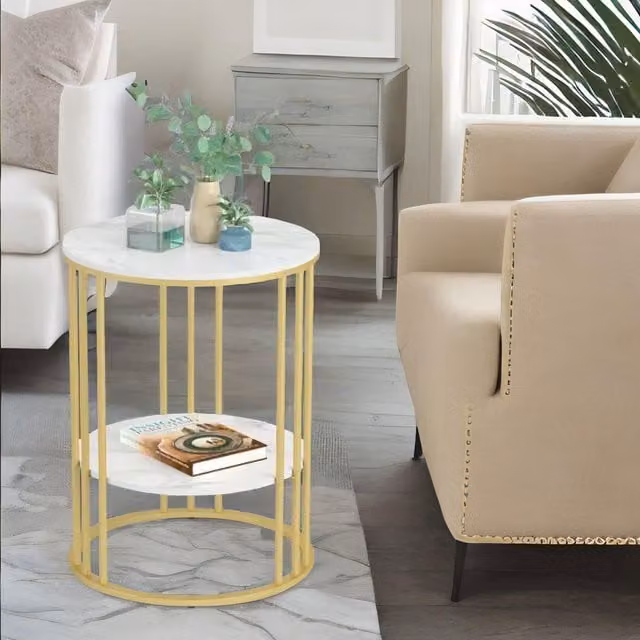 FURNOS 2 Tier Round Marble Coffee Table in Gold and White