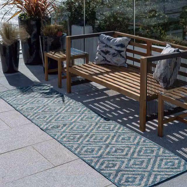 The Rug House Blue and Grey Diamond Geometric Flatweave Indoor Outdoor Rug W: 240 cm, D: 60 cm
