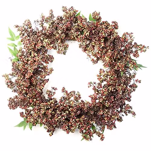 Leaf Design Hanging Round Artificial Berry Wreath in Black, Red and Multicolour, Diameter: 55 cm – 1