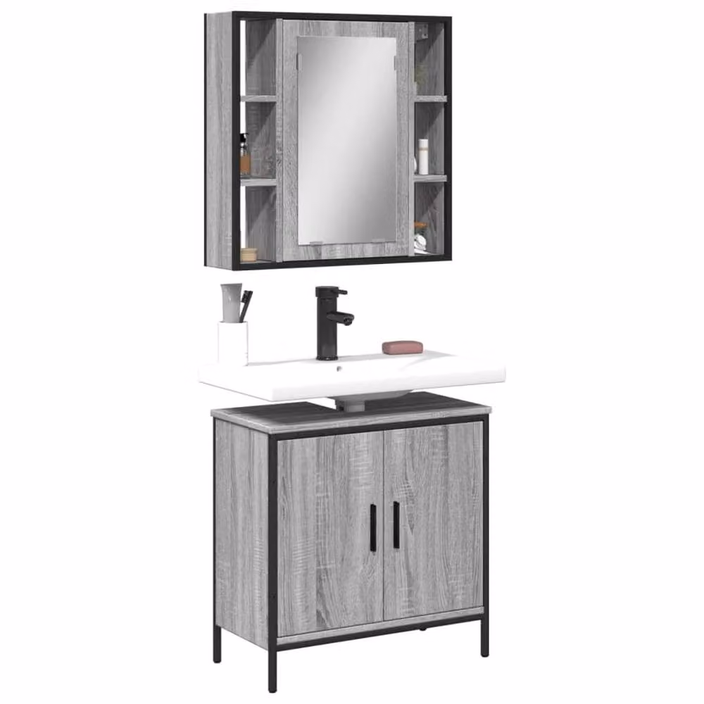 Berkfield Home 2 Piece Modern Grey Bathroom Furniture Set with Mirror Cabinet and Vanity Unit – 2