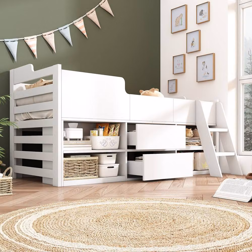 STILVORA Modern Childrens Bed Frame with Storage Drawers and Bedside Shelf, White, W/D/H: 90 x 190 x 92 cm – 2