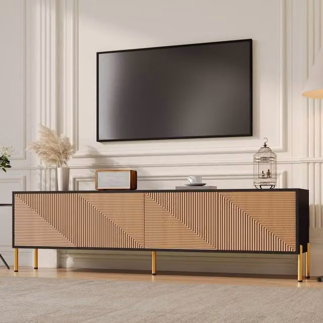 STILVORA Modern TV Cabinet with 4 Hinged Rattan Doors in Black and Gold, Width: 179 cm