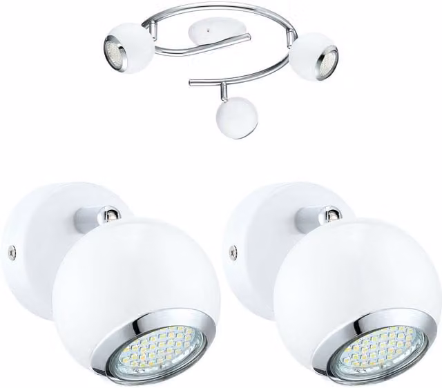 Loops Adjustable Round Ceiling Spot Light and 2x Matching Wall Lights in White and Chrome