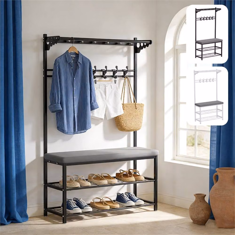 PAWNORA Modern Hall Tree with Shoe Bench and Coat Rack in Black and Grey – 2