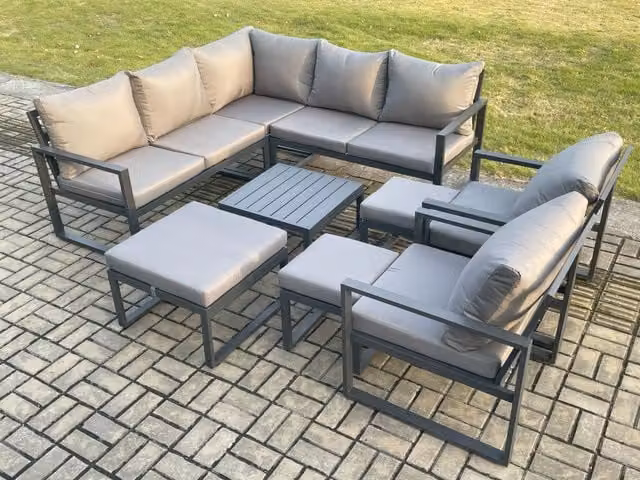 Fimous 10 Seater Outdoor Aluminium Garden Furniture Set in Dark Grey featuring L-Shape Corner Lounge Sofa, Square Coffee Table and 3 Footstools