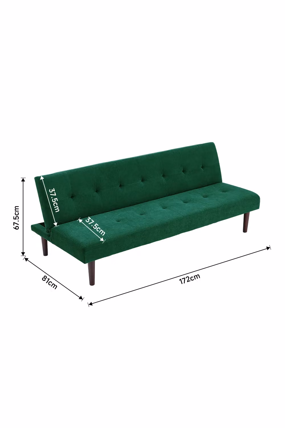 H&O Direct Mid-Century Modern Convertible Velvet Click-Clack Sofa Bed in Emerald Green with Walnut Wood Frame, W/D/H: 172.0 x 67.5 x 1748.74 cm – 2