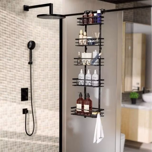 London Boutique 4-Tier Metal Over Door Spice Rack and Kitchen Hanging Storage Organiser in Black – 1