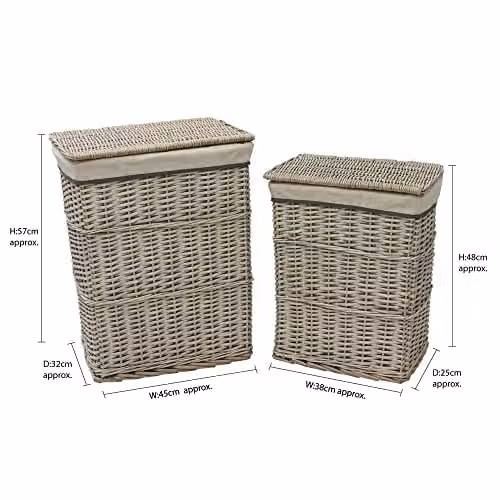 JVL Arianna Set of 4 Rectangular Willow Baskets including 2 Laundry Baskets with Lids and 2 Waste Paper Bins in Grey and Beige