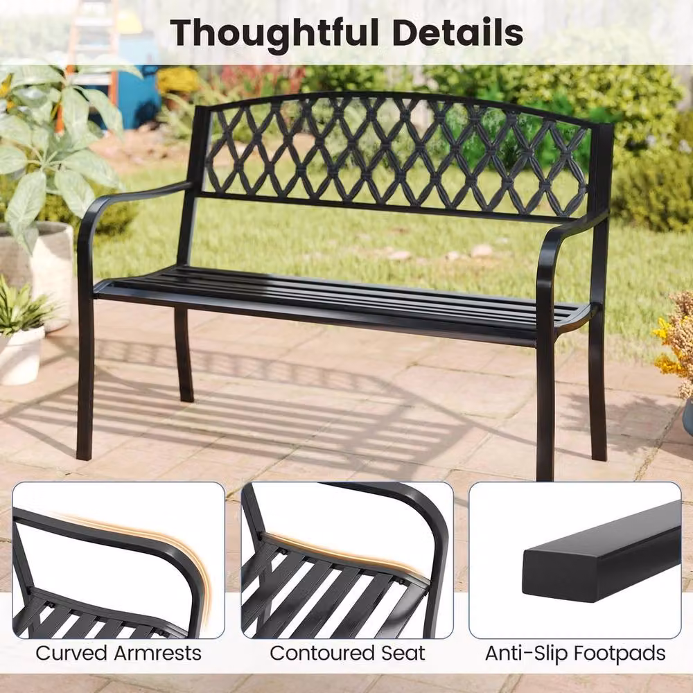 NESTLUNE 2-Seater Classic Metal Garden Bench in Black, W: 121 cm, D: 15 cm – 5