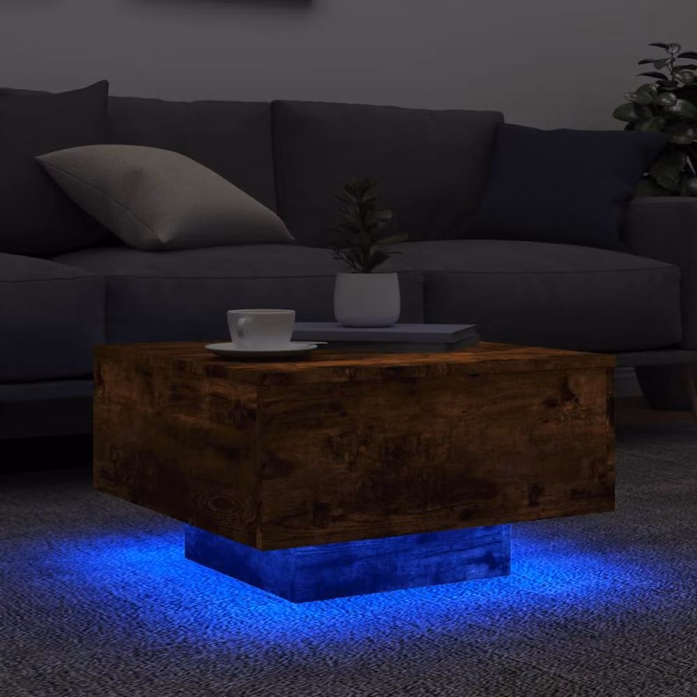Berkfield Home Modern Square Coffee Table with LED Lights in Smoked Oak Brown, W/D/H: 55 x 55 x 31 cm – 4