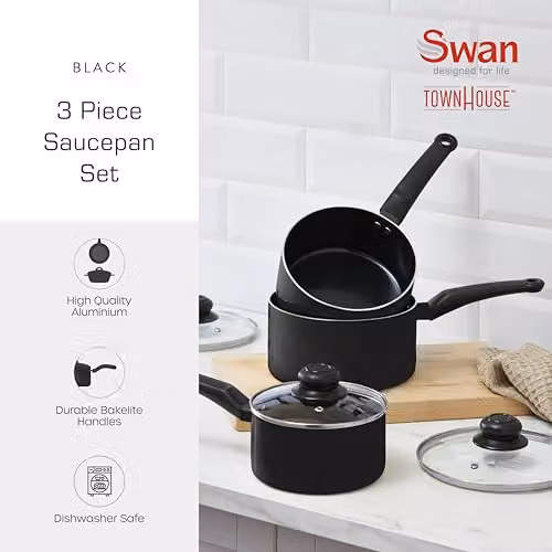 Swan Townhouse 3 Piece Saucepan Set with Glass Lids and Bakelite Handles, Black – 2