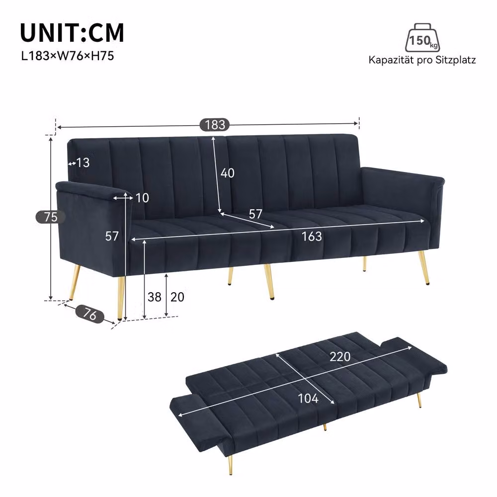 BTM Navy Blue Velvet Folding Sofa Bed with Removable Covers and Foam Padding, W/D/H: 183 x 140 x 75 cm – 5