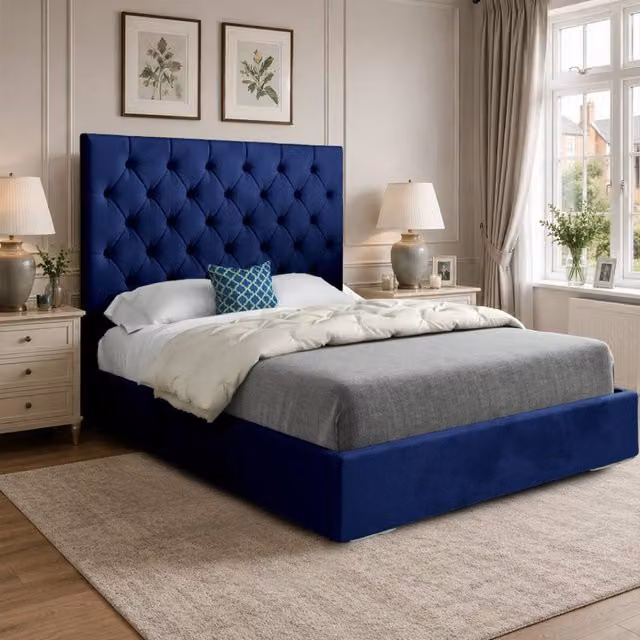 Casani Cottesmore Upholstered Blue Velvet Chesterfield Bed Frame, W/D/H: 90 x 200 cm
