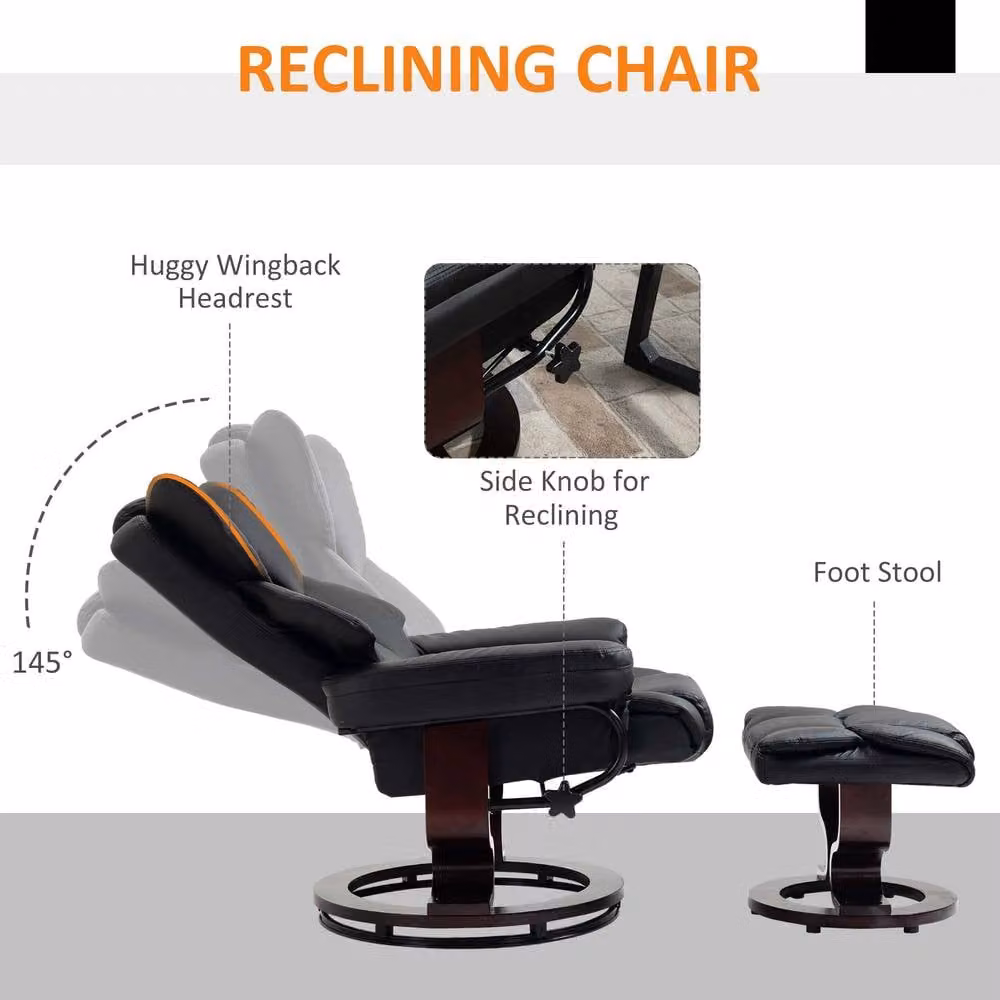 STILVORA Black Synthetic Leather Recliner Chair with Matching Ottoman and 360 Degree Swivel – 5