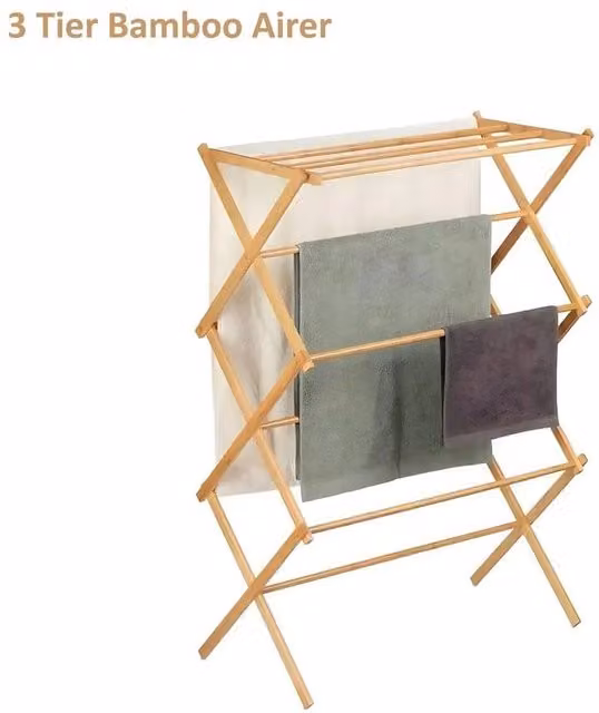 PAWNORA 3-Tier Foldable Bamboo Clothes Airer in Natural Brown
