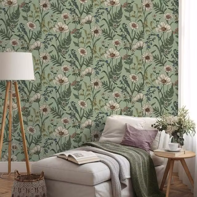 Fine Dcor Wild Meadow Botanical Floral Wallpaper in Green, Blue, Yellow and Petrol