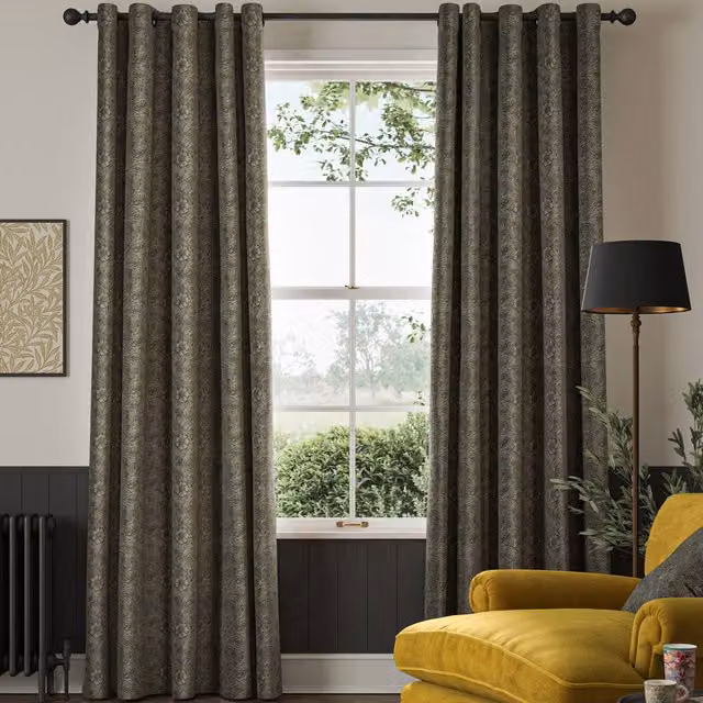 William Morris At Home Marigold Floral Velvet Made to Measure Eyelet Curtains in Yellow and Grey