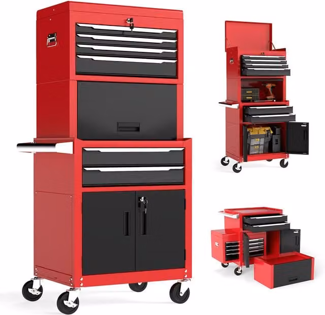 COSTWAY 3-in-1 Metal Rolling Tool Storage Cabinet and Lockable Tool Chest in Black and Red