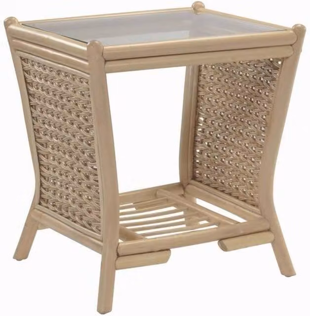 Windsor Cane Side Table in Natural Wash and Ivory with Rattan and Glass Top
