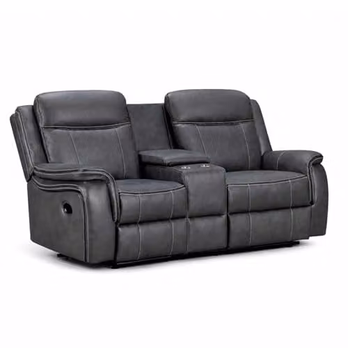 Furnishings For Less UK Tara 2 Seater Manual Reclining Sofa in Grey Leather Look Fabric with Cup Holders – 1