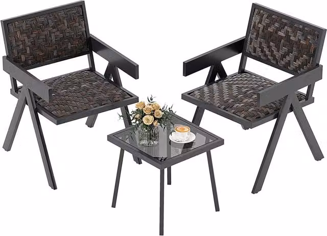 Gymax 3 Piece Brown PE Wicker Bistro Set with Table and Chairs – 1