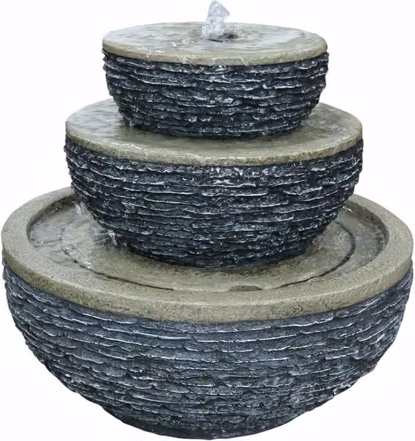 Primrose Three Stacked Bowls Water Cascade Feature, Grey Concrete Stone Tabletop Fountain