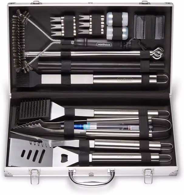 VonHaus 25 Piece Stainless Steel BBQ Tools Set with Metal Storage Case and Thermometer in Silver