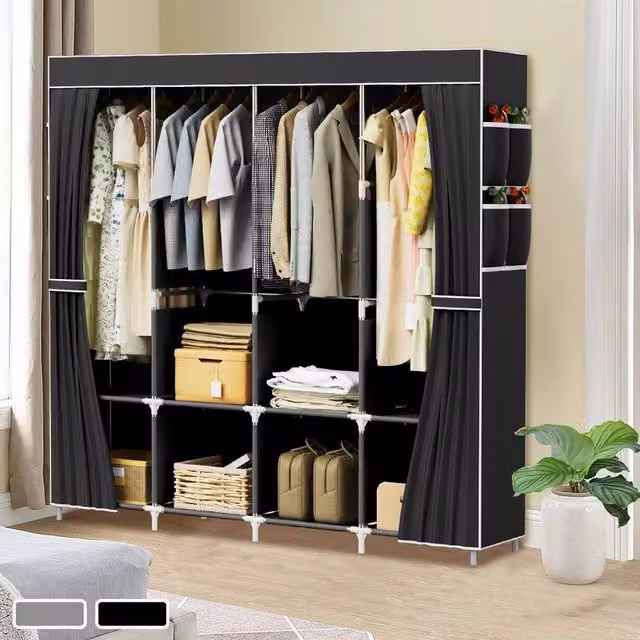 FORGEVIO Large Fabric Canvas Wardrobe with Clothes Shelving and Hanging Rod, Black, H 170 x W 45 x D 45 cm