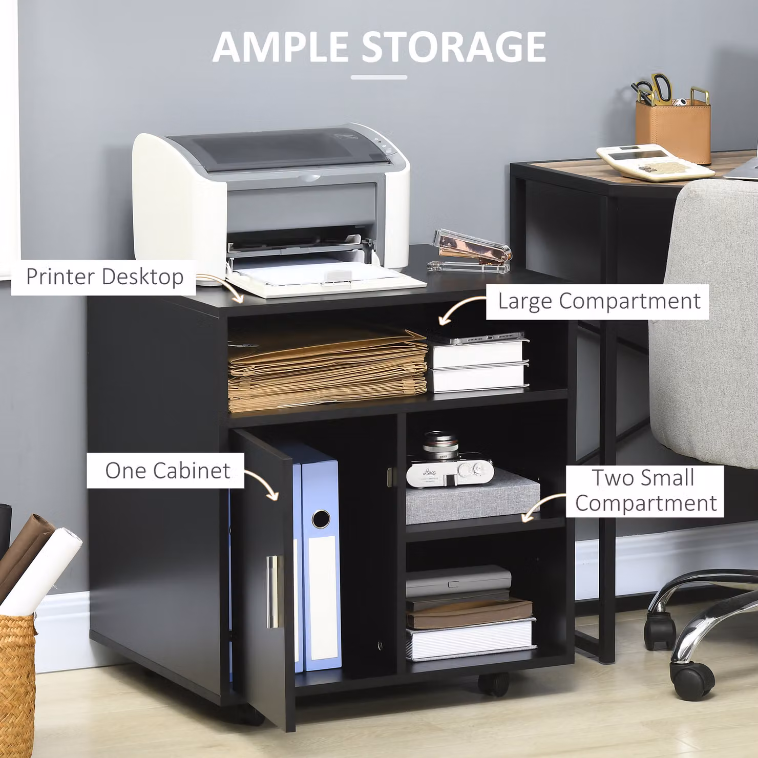 HOMCOM Mobile Printer Stand with Multiple Storage, Modern Black Office Desk Side Unit on Wheels, W: 60 cm, D: 50 cm, H: 65.5 cm – 4