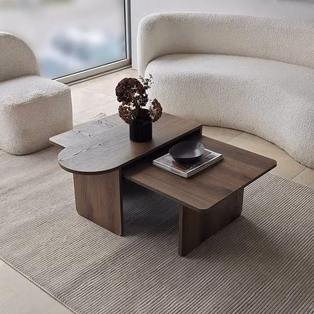 Calicosy Livia Set of 2 Coffee Tables with Asymmetrical Nested Tops in Walnut