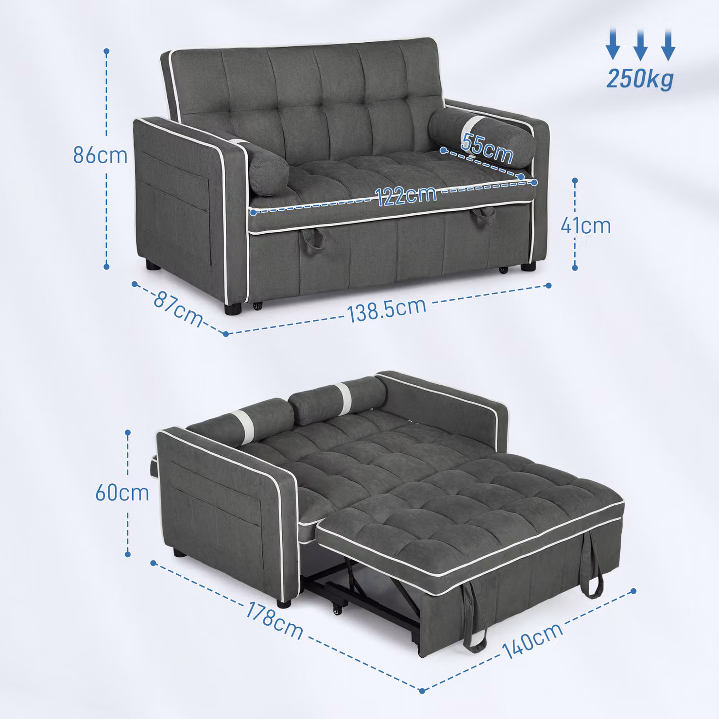 HOMCOM Two-Seater Linen-Look Sofa Bed in Charcoal Grey with Scatter Cushions – 3