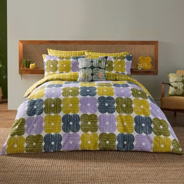 Orla Kiely Textured Flower Cotton Percale Duvet Cover Bedding Set in Lilac Moss